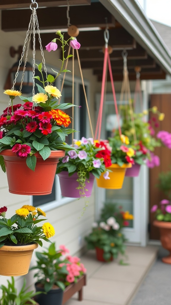 Colorful hanging flower planters on a patio, with a variety of blooming plants.