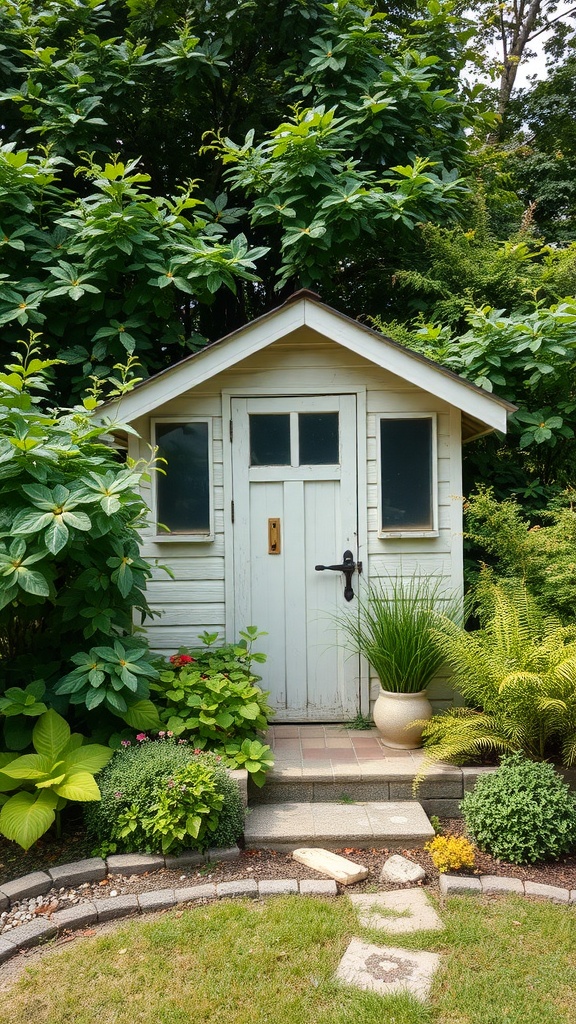 A charming small garden shed surrounded by lush greenery and colorful plants.