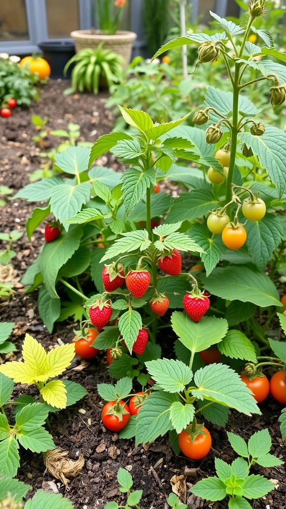 A small garden featuring strawberry plants and tomato plants.