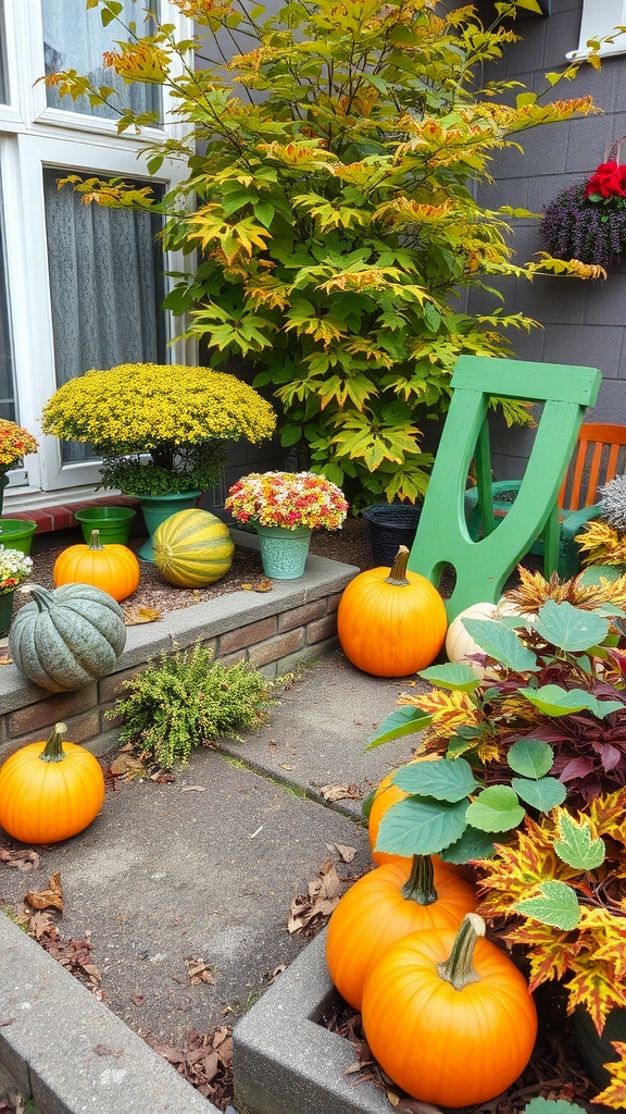 A small garden decorated with pumpkins and colorful plants for fall.
