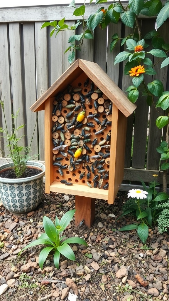 A wooden insect hotel filled with natural materials, surrounded by plants in a backyard.