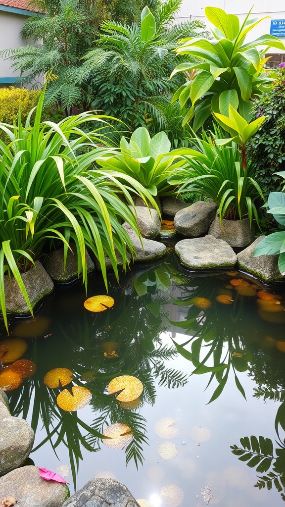 A serene small garden pond surrounded by lush plants and rocks