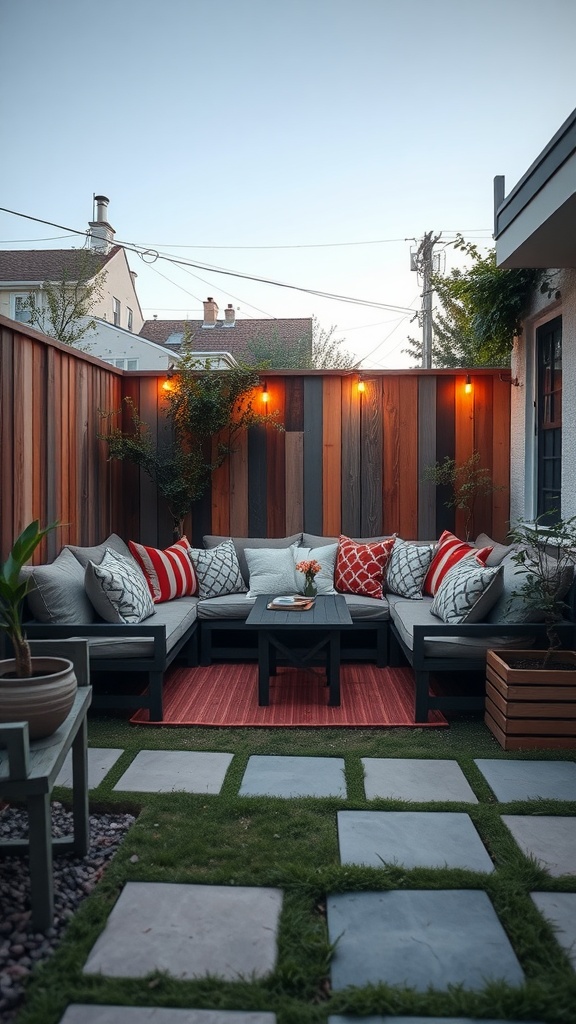 A cozy backyard seating area with a sectional sofa, cushions, and a coffee table, surrounded by wooden fencing and plants.