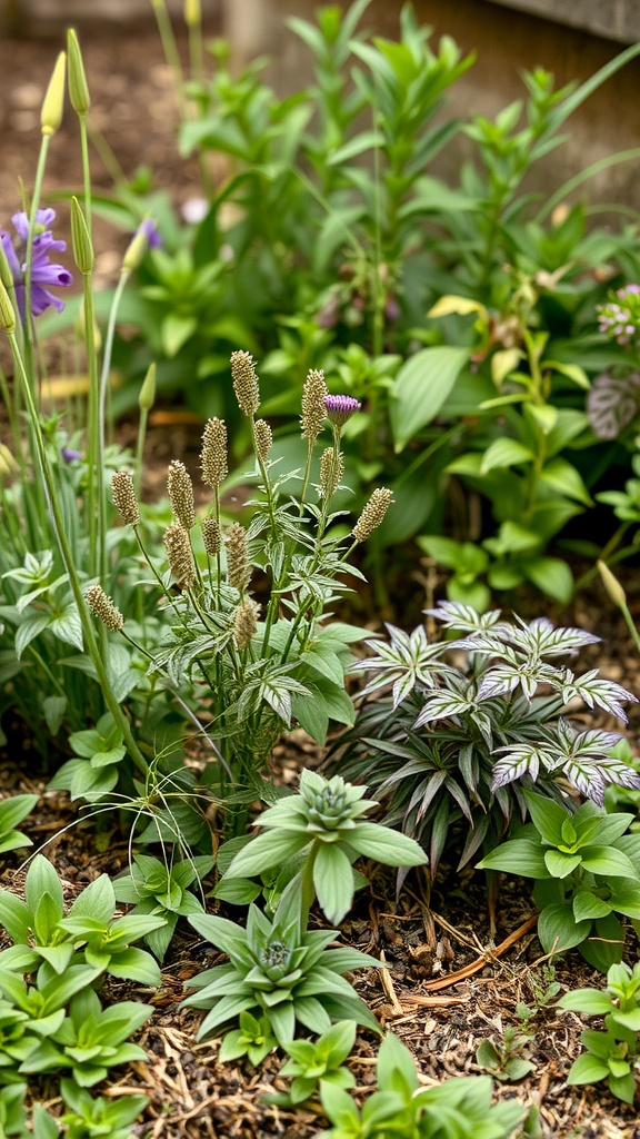 A small garden with a variety of plants layered for depth and texture.