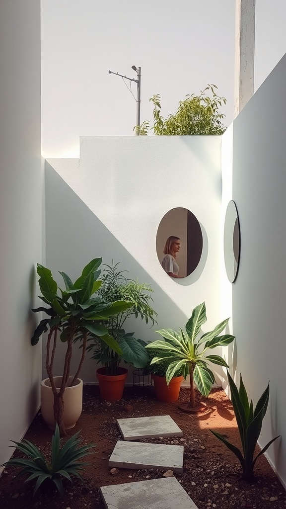 A small garden with plants and reflective surfaces enhancing sunlight
