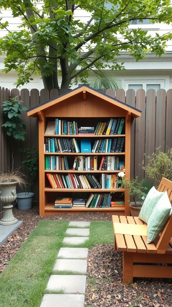 A small wooden bookshelf styled like a house, filled with books, located in a backyard with a stone pathway and a seating area.