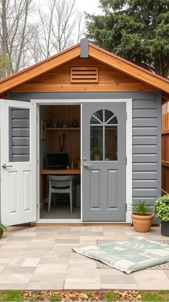 A multi-purpose shed with open doors, showcasing a workspace inside, surrounded by plants.