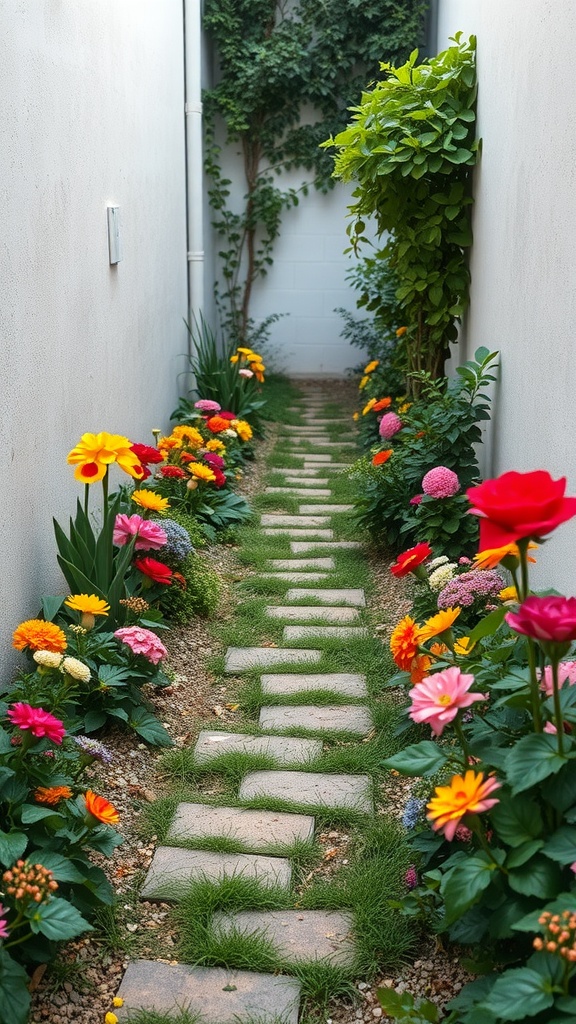 A narrow garden path with colorful flowers and stepping stones