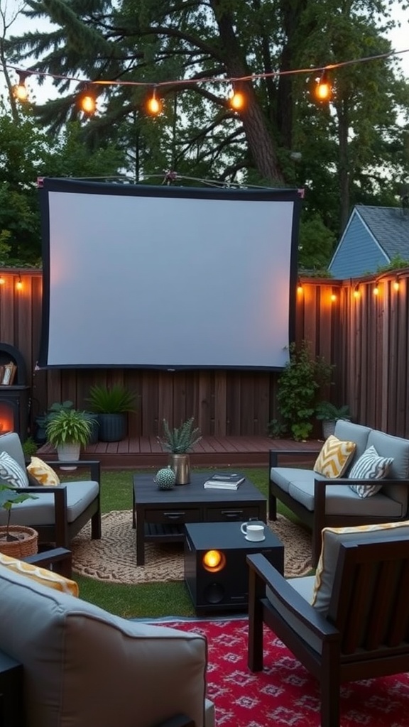 Cozy backyard setup with an outdoor movie screen, comfortable seating, and string lights.