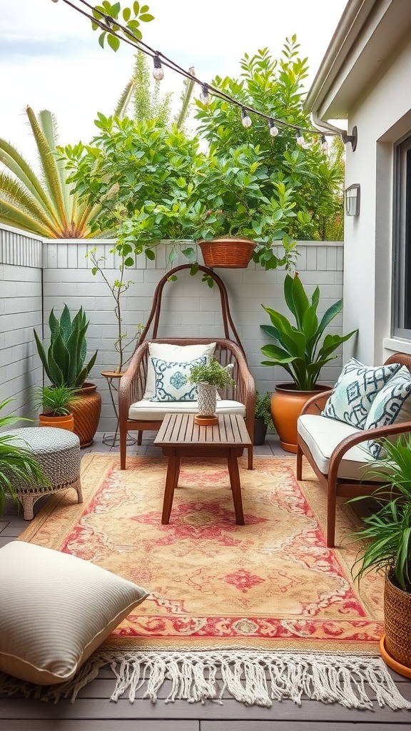 Cozy patio with an outdoor rug, seating, plants, and string lights