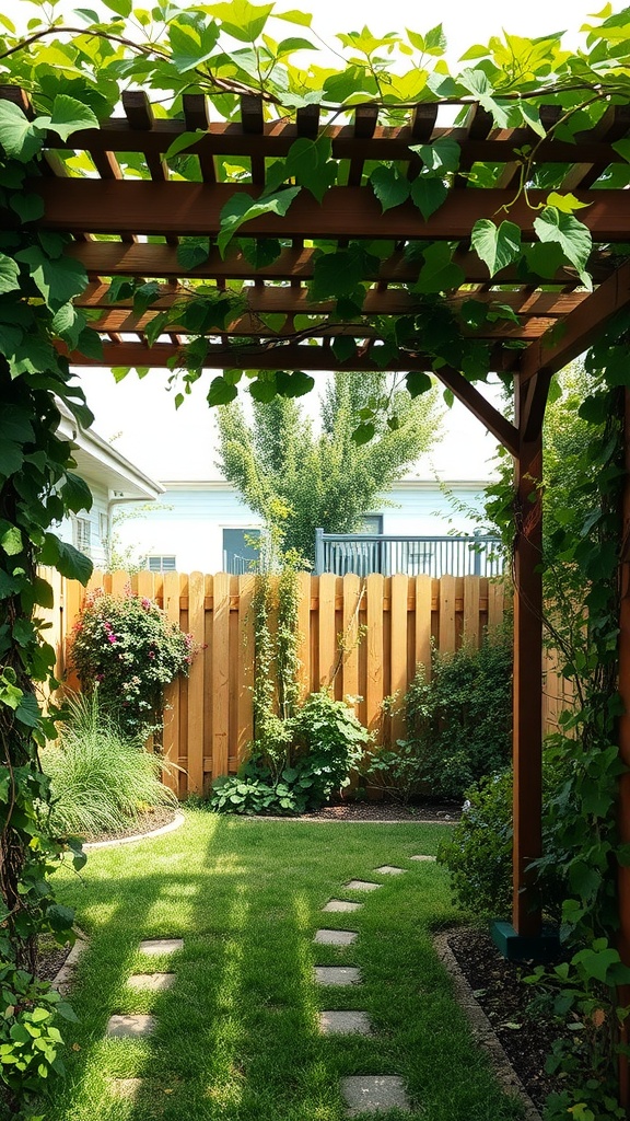 A wooden pergola with lush green climbing vines and a well-kept grassy path in a small backyard.