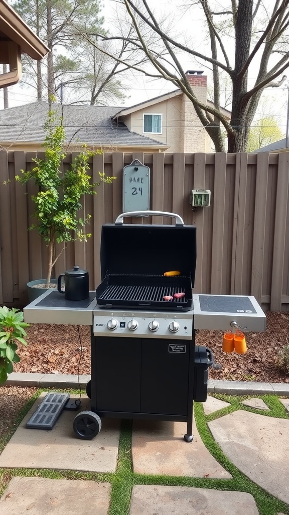 A portable grill station set up in a small backyard, featuring a black grill with side shelves, a coffee pot, and hanging utensils.