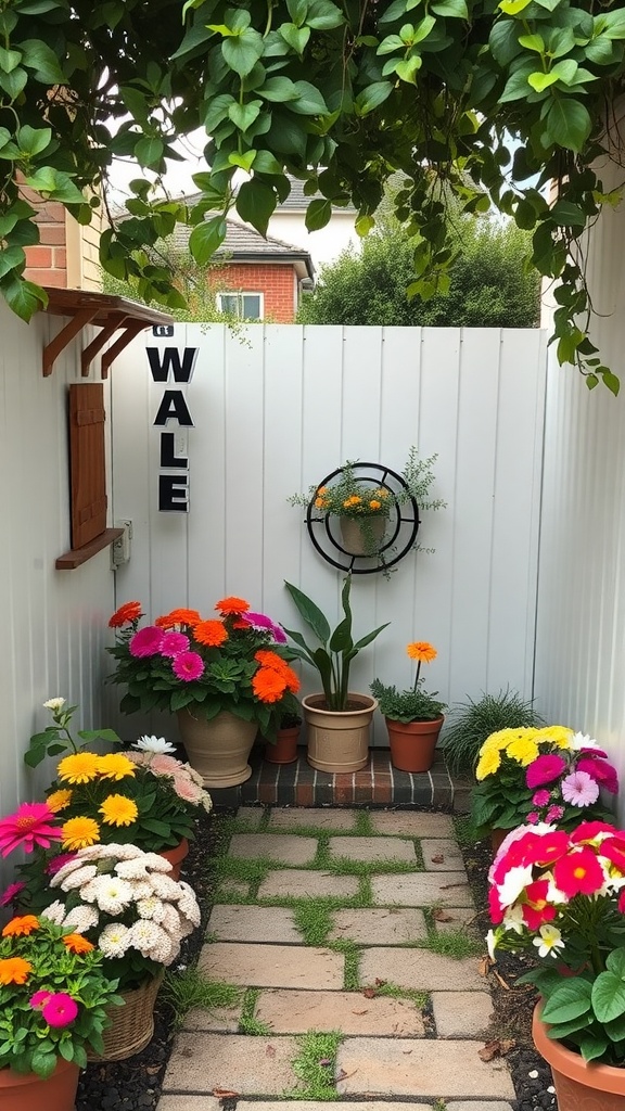 A small pathway lined with colorful potted flowers, surrounded by greenery.