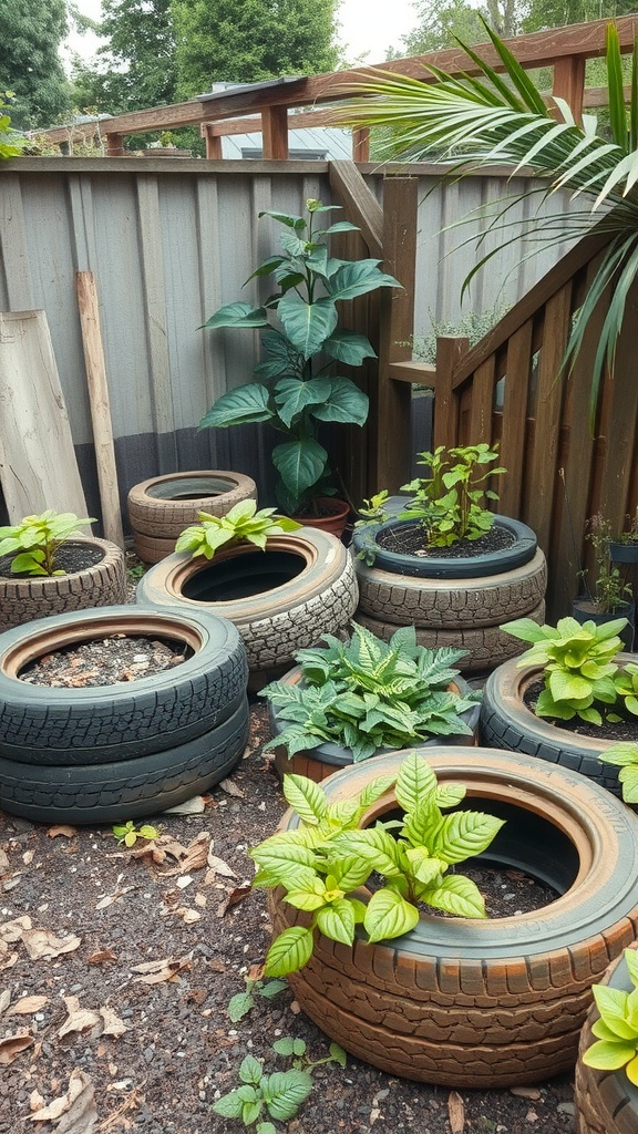 Garden area with tires used as planters filled with various plants.
