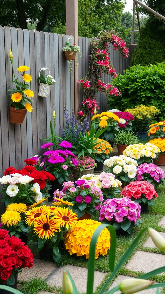 Colorful seasonal flower display in a small backyard with various plants and flowers.