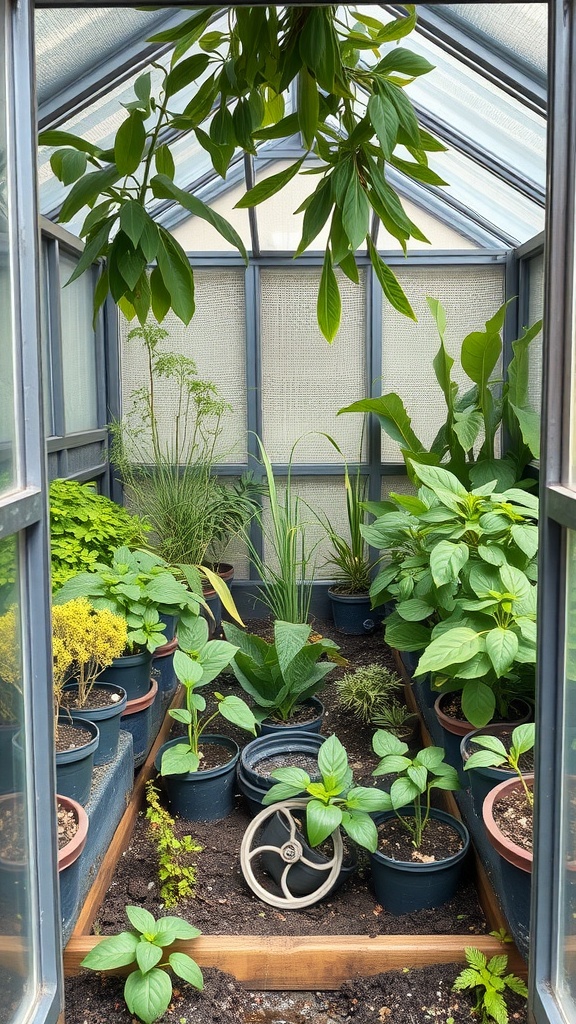 Inside view of a small greenhouse filled with various potted plants and a charming decorative wheel.