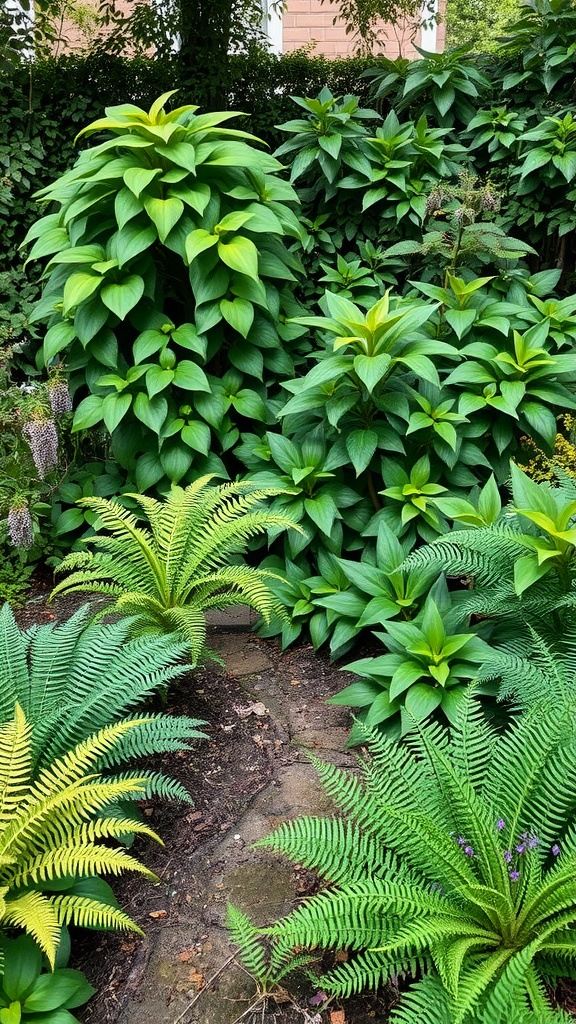 A lush small garden featuring vibrant green ferns and leafy plants thriving in a shaded area.