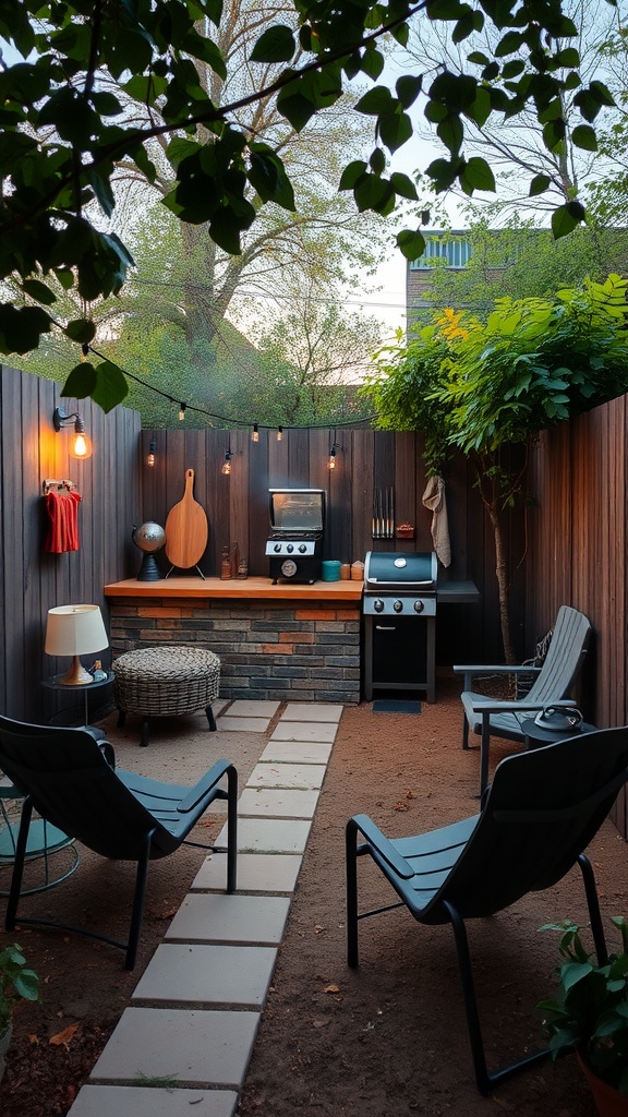 Cozy small backyard BBQ area with seating