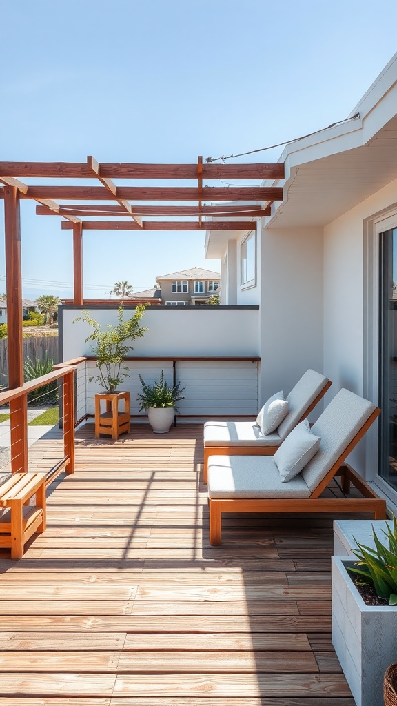 A small wooden deck with lounge chairs and potted plants under a sunny sky