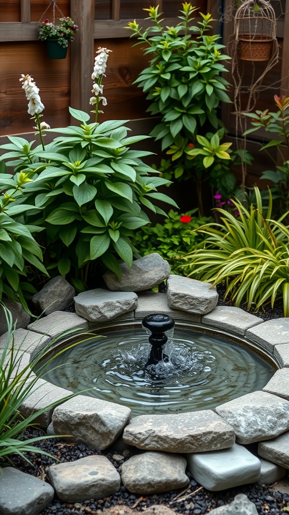 A small backyard water fountain surrounded by plants and stones.