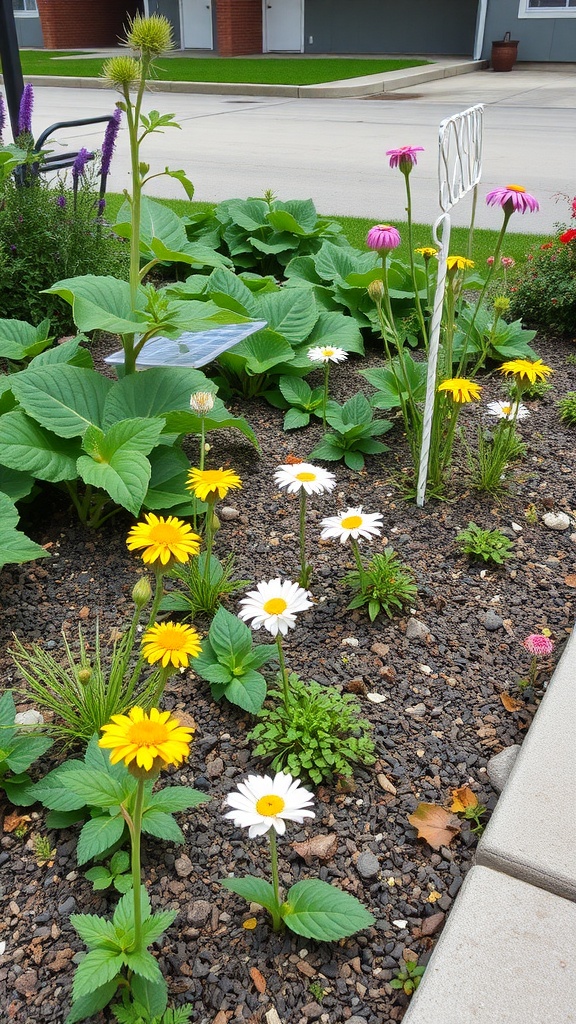 A vibrant rain garden with yellow and white daisies among lush green foliage and gravel.