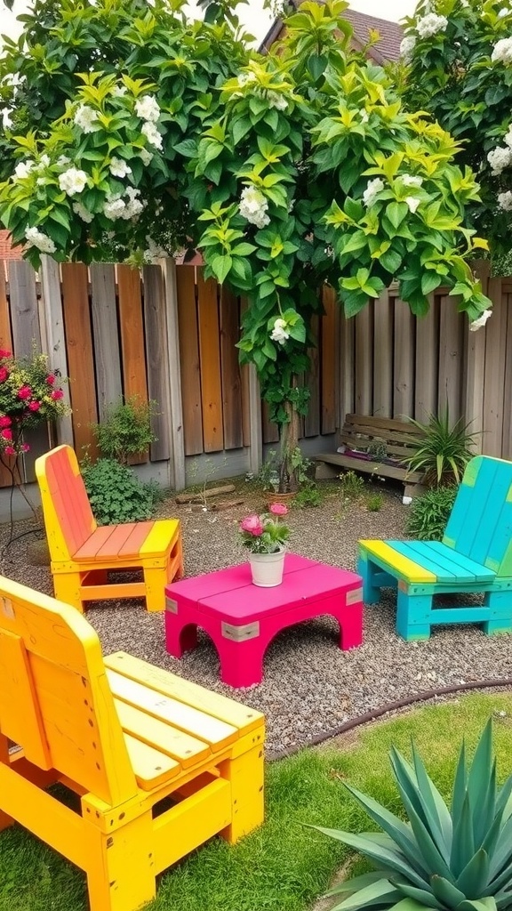 Colorful upcycled garden furniture in a small backyard