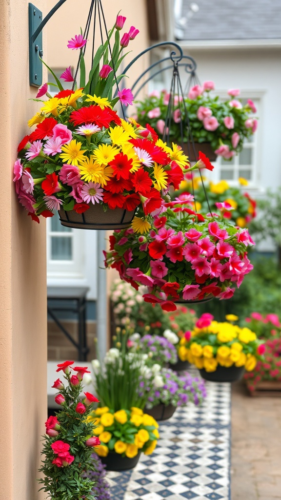 Colorful hanging flower baskets in a small garden setting