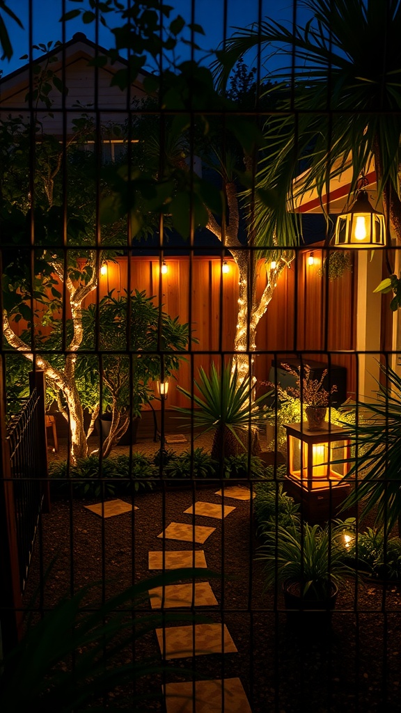 A small garden illuminated by LED lights, showcasing a stone pathway and various plants.