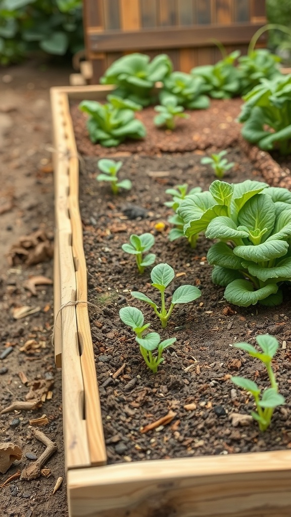 A raised garden bed with young plants, including lettuce and squash, surrounded by soil and wooden edges.