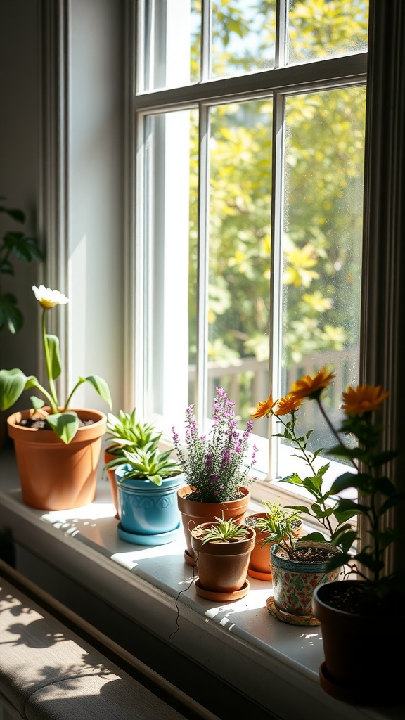 A bright windowsill with various potted plants soaking in sunlight.