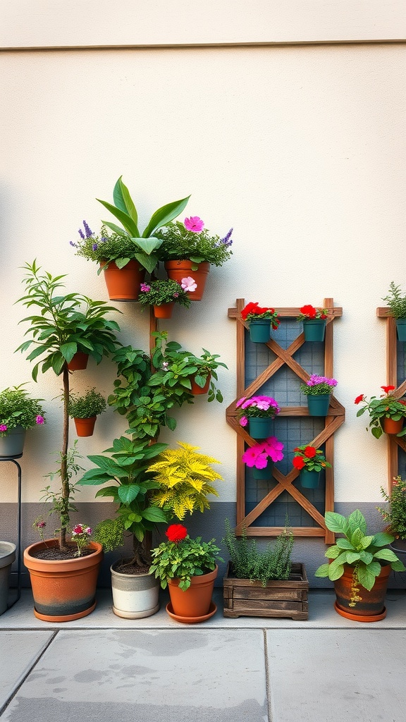 A vertical garden with colorful flowers and plants arranged in pots attached to a wall.