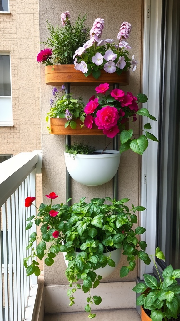 A vertical garden with colorful flowers and greenery in tiered planters.