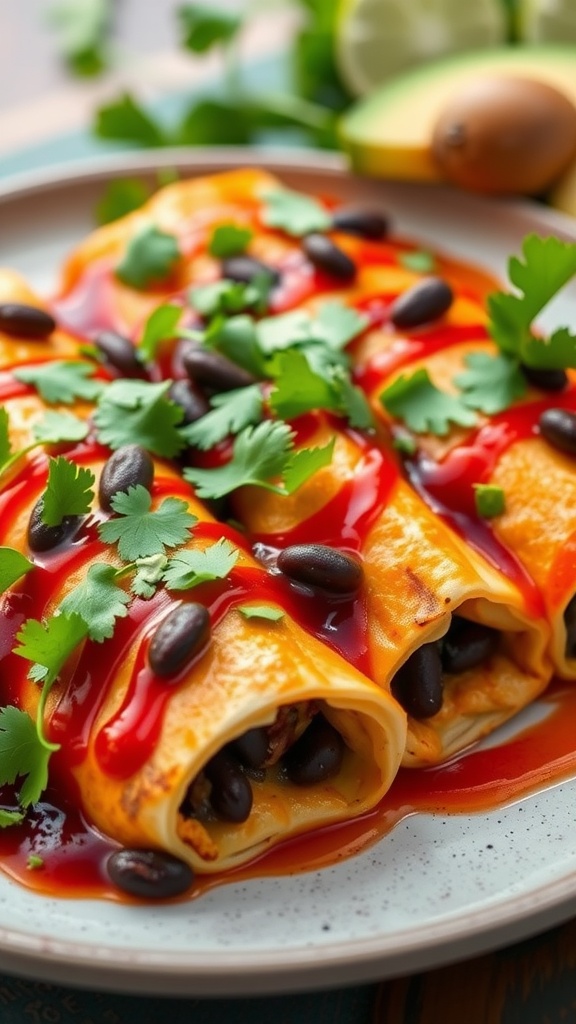 A plate of enchiladas topped with black beans, cilantro, and salsa.