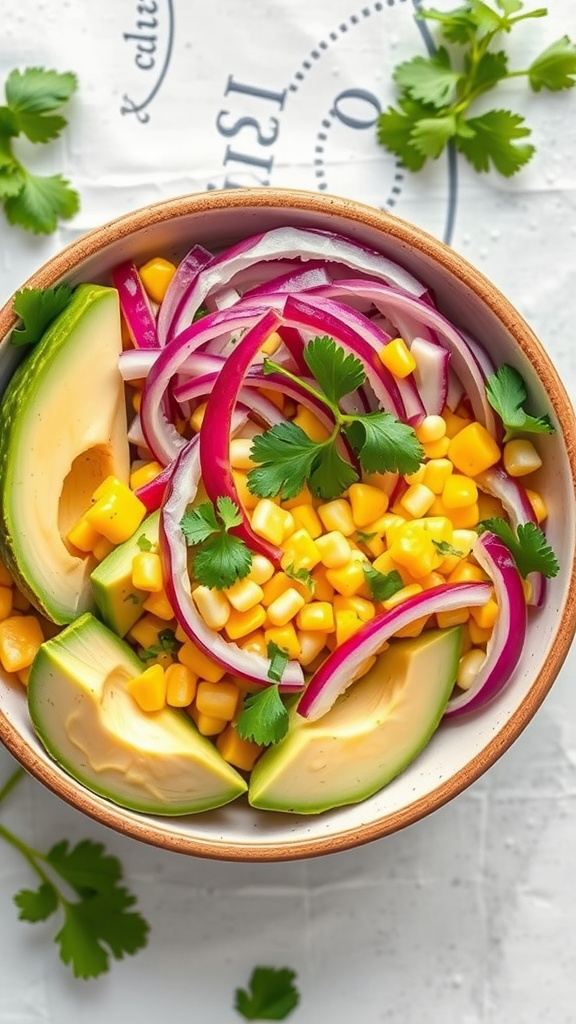 A colorful bowl of avocado and corn salad with red onion and cilantro.