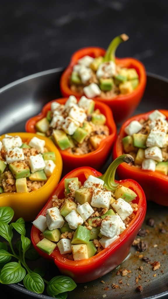 Colorful stuffed peppers filled with avocado, feta cheese, and vegetables.