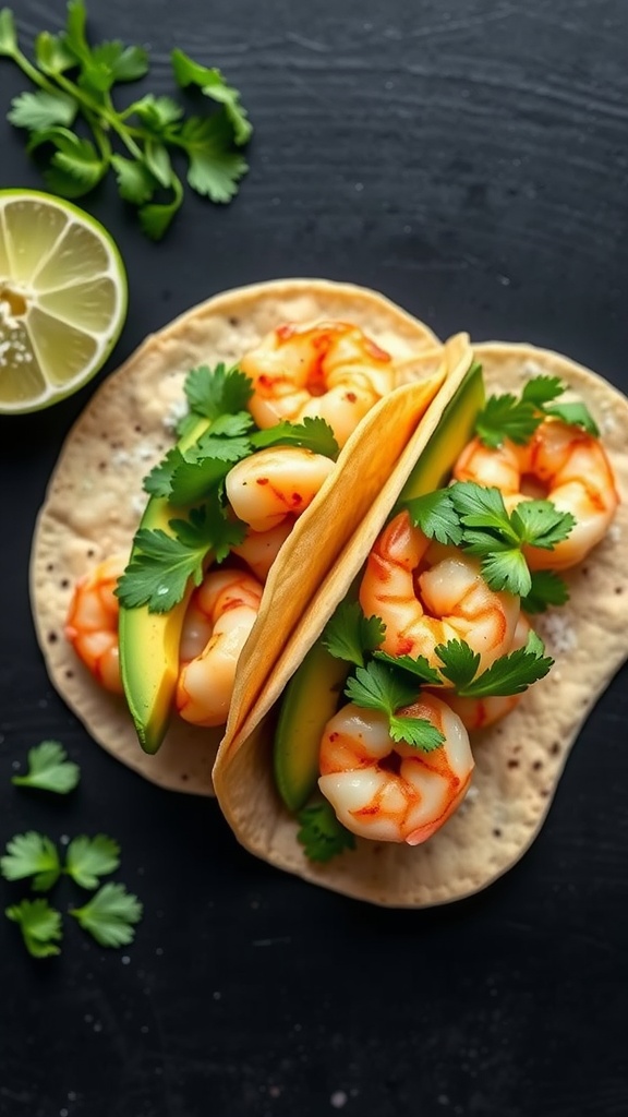 Avocado and shrimp tacos topped with cilantro and lime