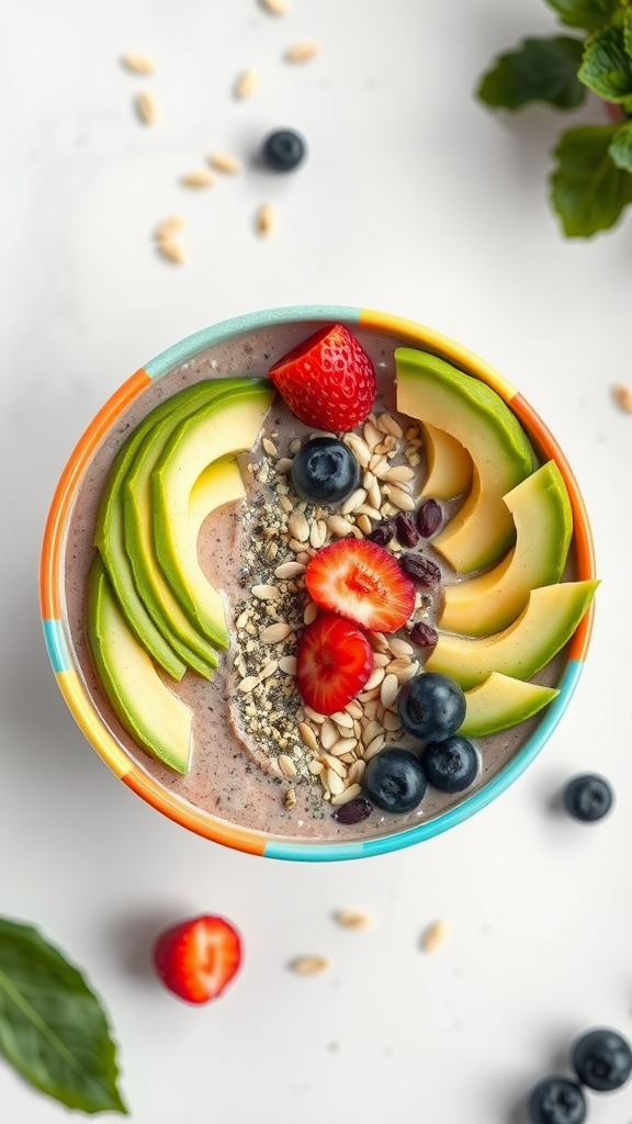 A colorful avocado and spinach smoothie bowl topped with strawberries, blueberries, and seeds.