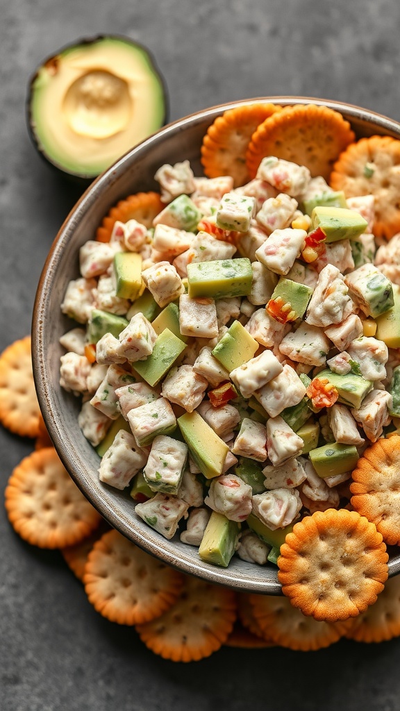 A bowl of avocado and tuna salad served with round crackers.