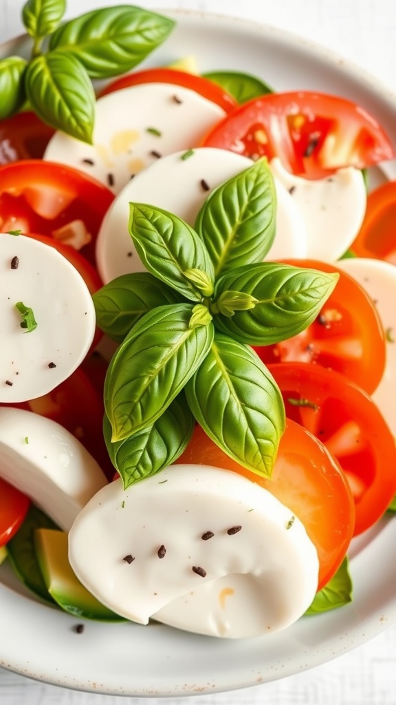 A plate of Caprese salad featuring slices of mozzarella, tomatoes, and fresh basil, with avocado slices.