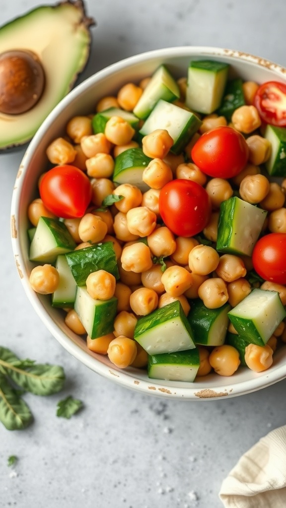 A bowl of avocado chickpea salad with cucumbers, cherry tomatoes, and chickpeas.