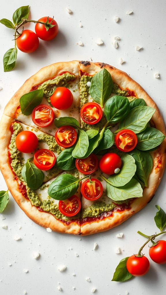 A pizza topped with avocado pesto, fresh tomatoes, and basil leaves on a light background.