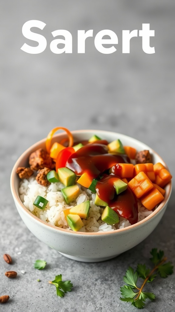 A bowl of rice topped with diced vegetables, avocado, and sauce.