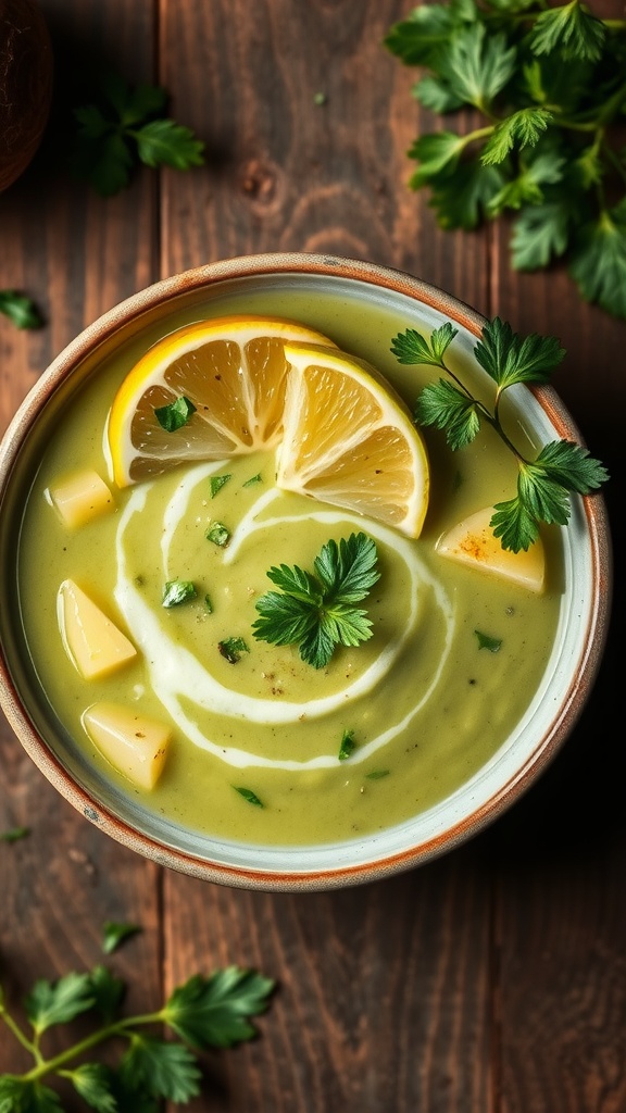 A bowl of creamy avocado soup garnished with lemon slices and fresh herbs.