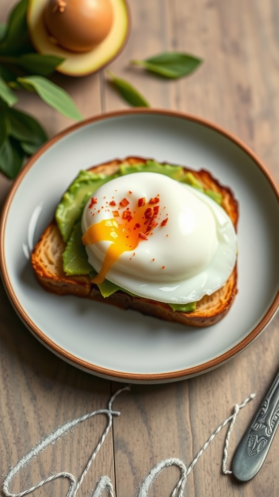 A plate of avocado toast topped with a poached egg and red pepper flakes on a wooden table.