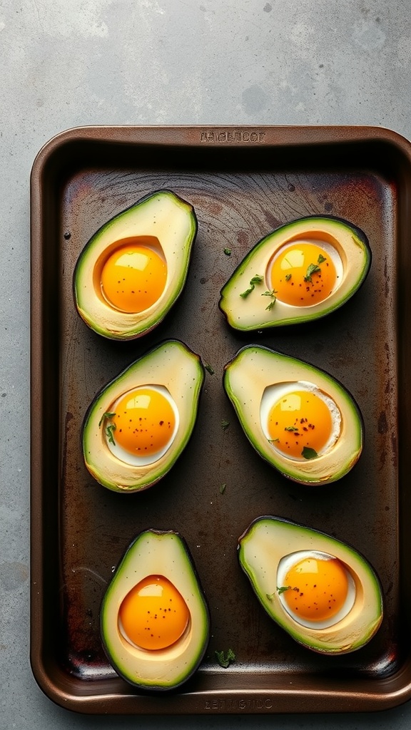 Baked avocado halves with eggs and seasoning on a baking tray.