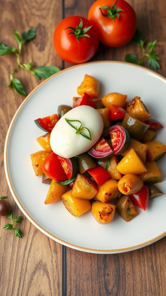 Plate of baked ratatouille topped with mozzarella, garnished with herbs, alongside fresh tomatoes.