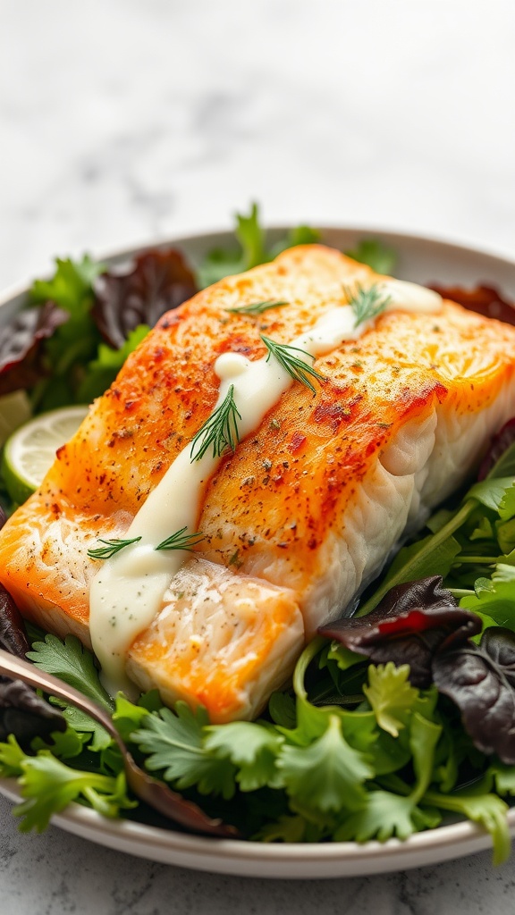 Baked salmon fillet with dill sauce served on a bed of fresh greens.