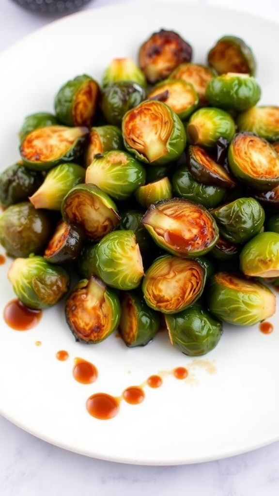 A plate of balsamic roasted Brussels sprouts, beautifully caramelized and glazed, ready to be served.