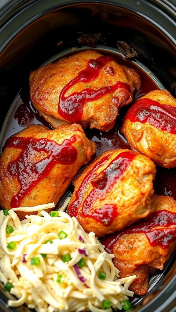 Crockpot with barbecue chicken thighs topped with sauce and a side of noodles.