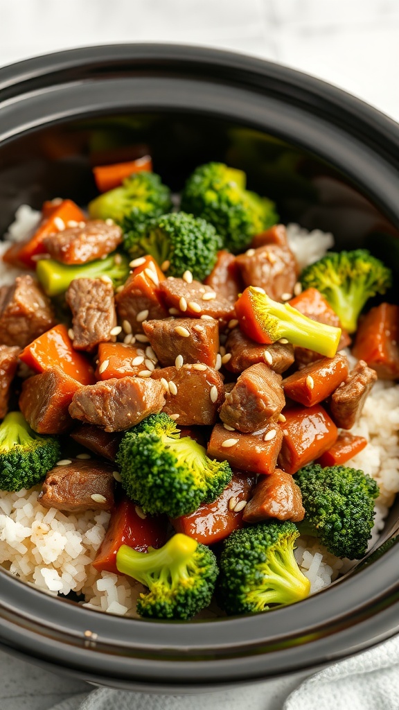 Crockpot filled with beef, broccoli, and colorful vegetables over rice.